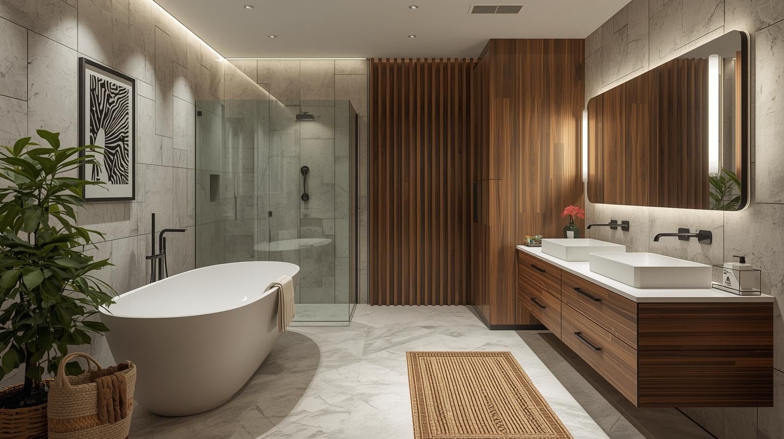Modern bathroom with a bathtub, shower, and wooden vanity. Features include neutral colors and a potted plant.