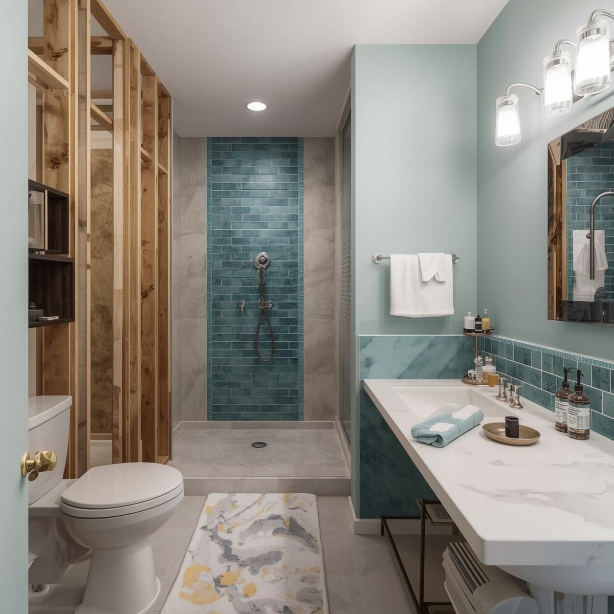 Bathroom with wood framing, blue-tiled shower, white toilet and sink, light blue walls, and gray flooring.