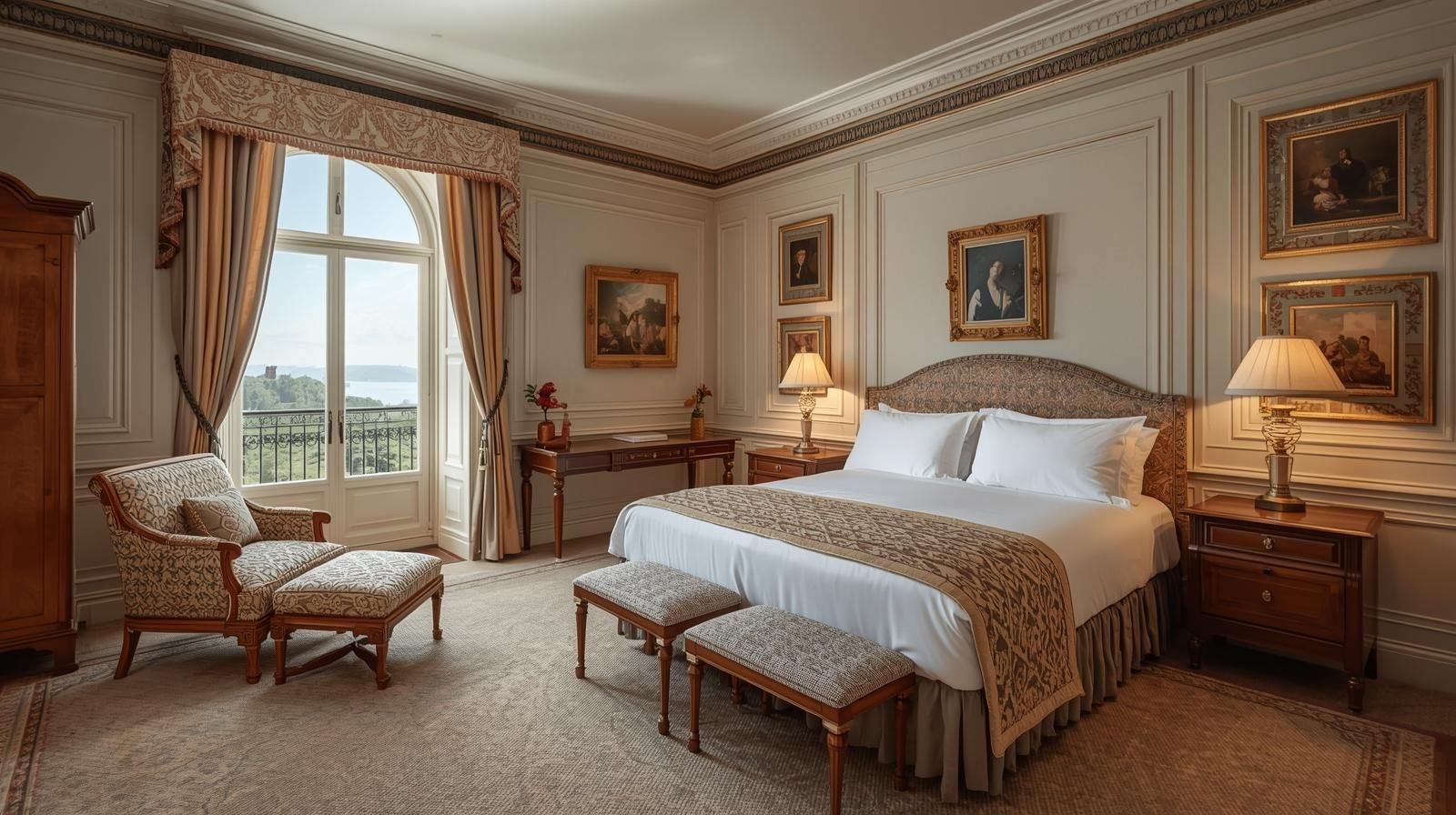 Elegant hotel bedroom with a large bed, seating area, and framed art. Light color scheme with a scenic view.