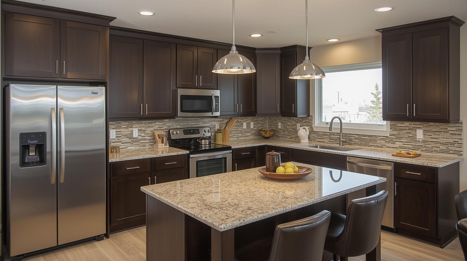 Modern kitchen with dark wood cabinets, stainless steel appliances, and granite countertops.