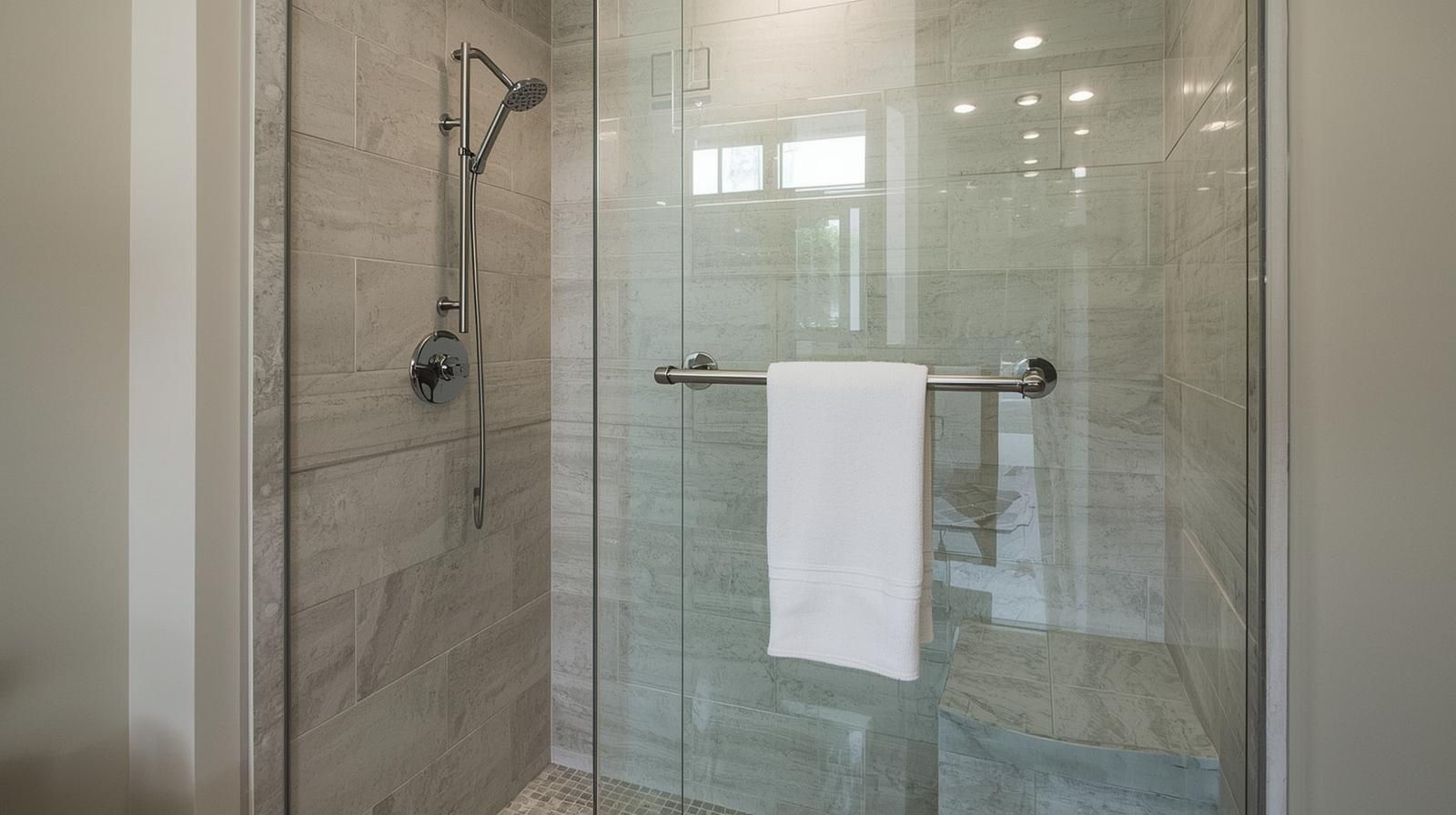 Shower with glass door, white towel on a silver bar, gray tiled walls.