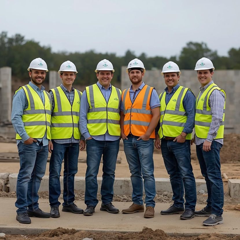 Six construction workers wearing hard hats and vests stand on a construction site, smiling.