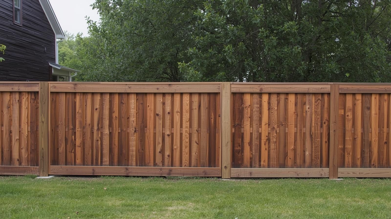 Wooden fence in a yard with a house in the background. Green grass and trees visible.