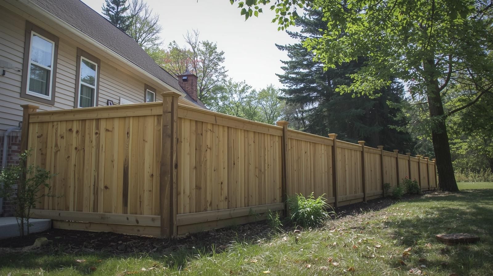 Wooden privacy fence alongside a house and yard. Green grass and trees in the background.