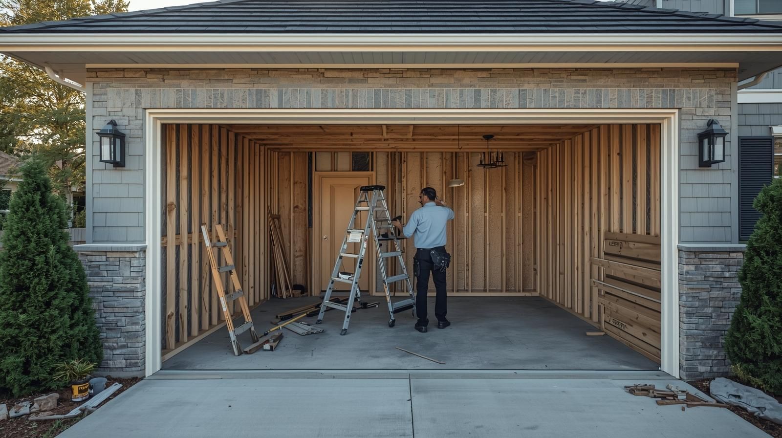 Wood-framed building under construction; plywood walls with window and door openings; tools and materials on the concrete.