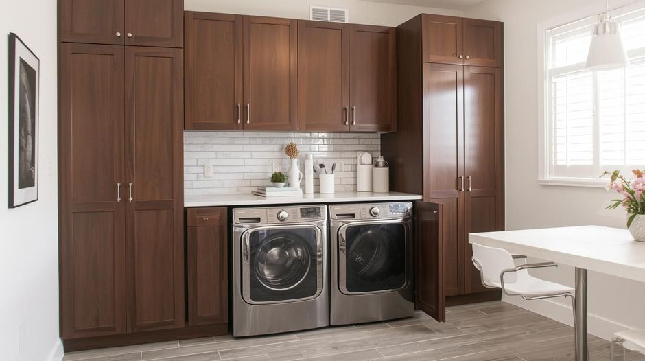 Bright white kitchen with island, stainless steel appliances, and hardwood floors.