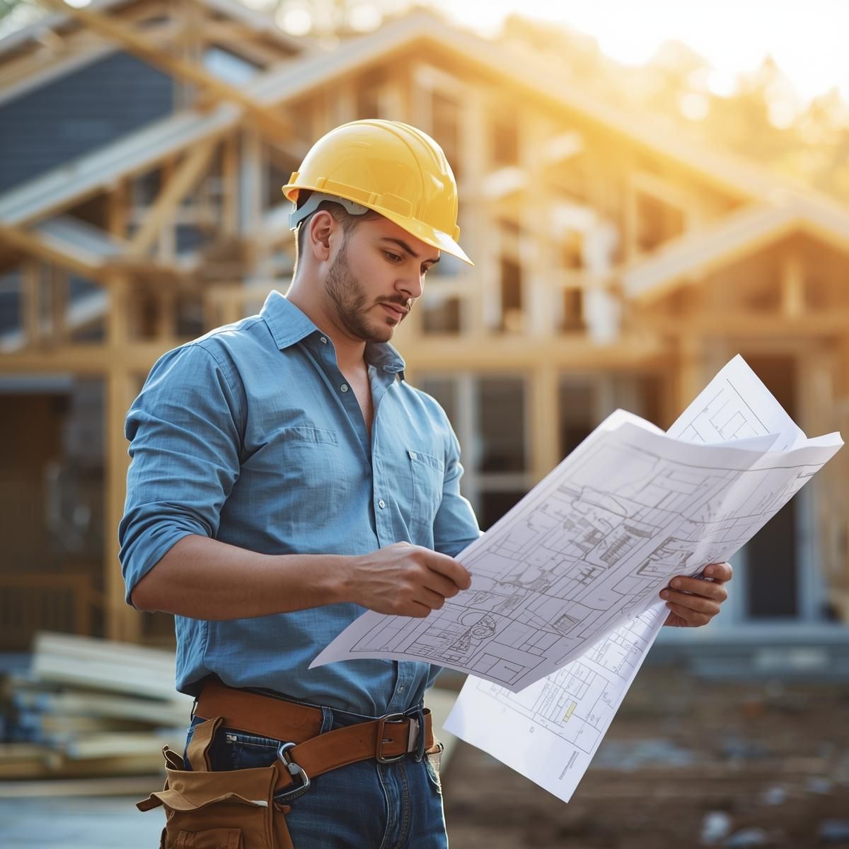 Wood-framed building under construction; plywood walls with window and door openings; tools and materials on the concrete.