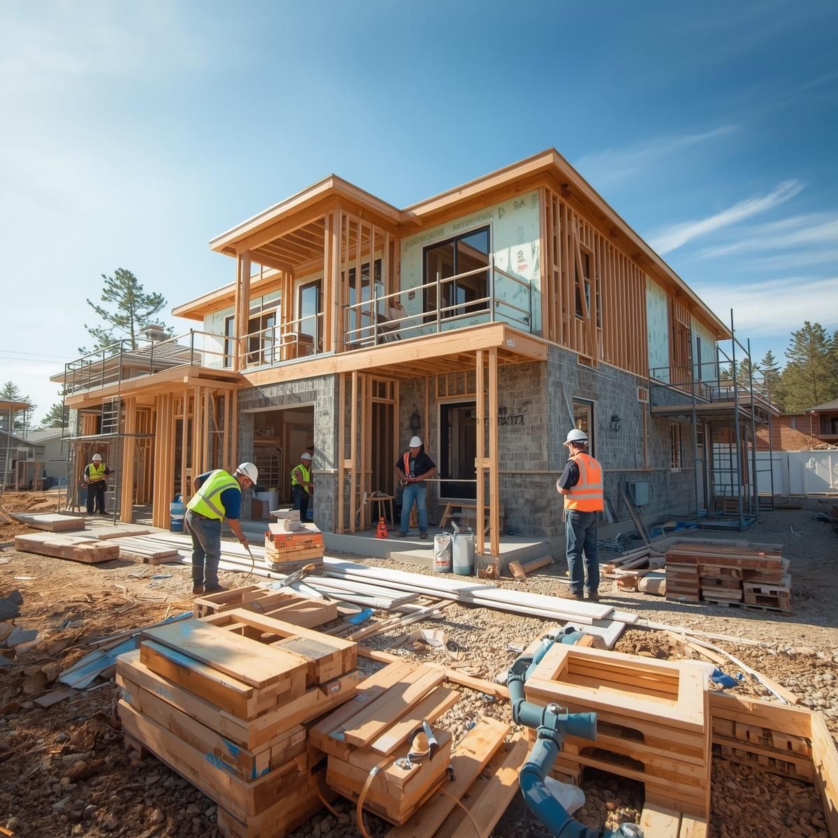 Construction workers at a two-story house under construction on a sunny day.