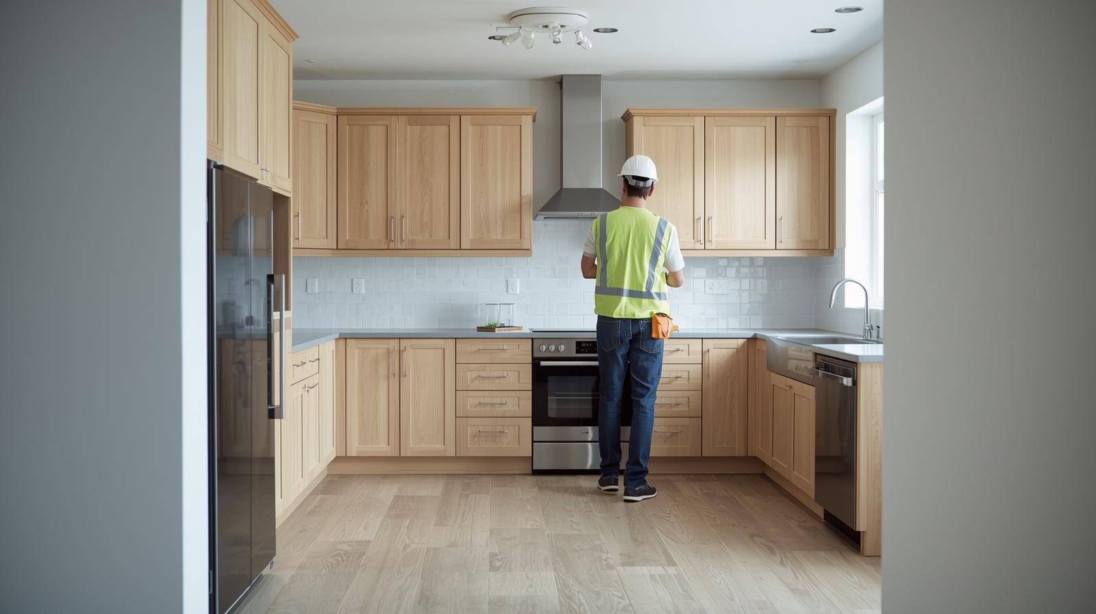 A person in a hard hat and vest inspecting a newly renovated kitchen.