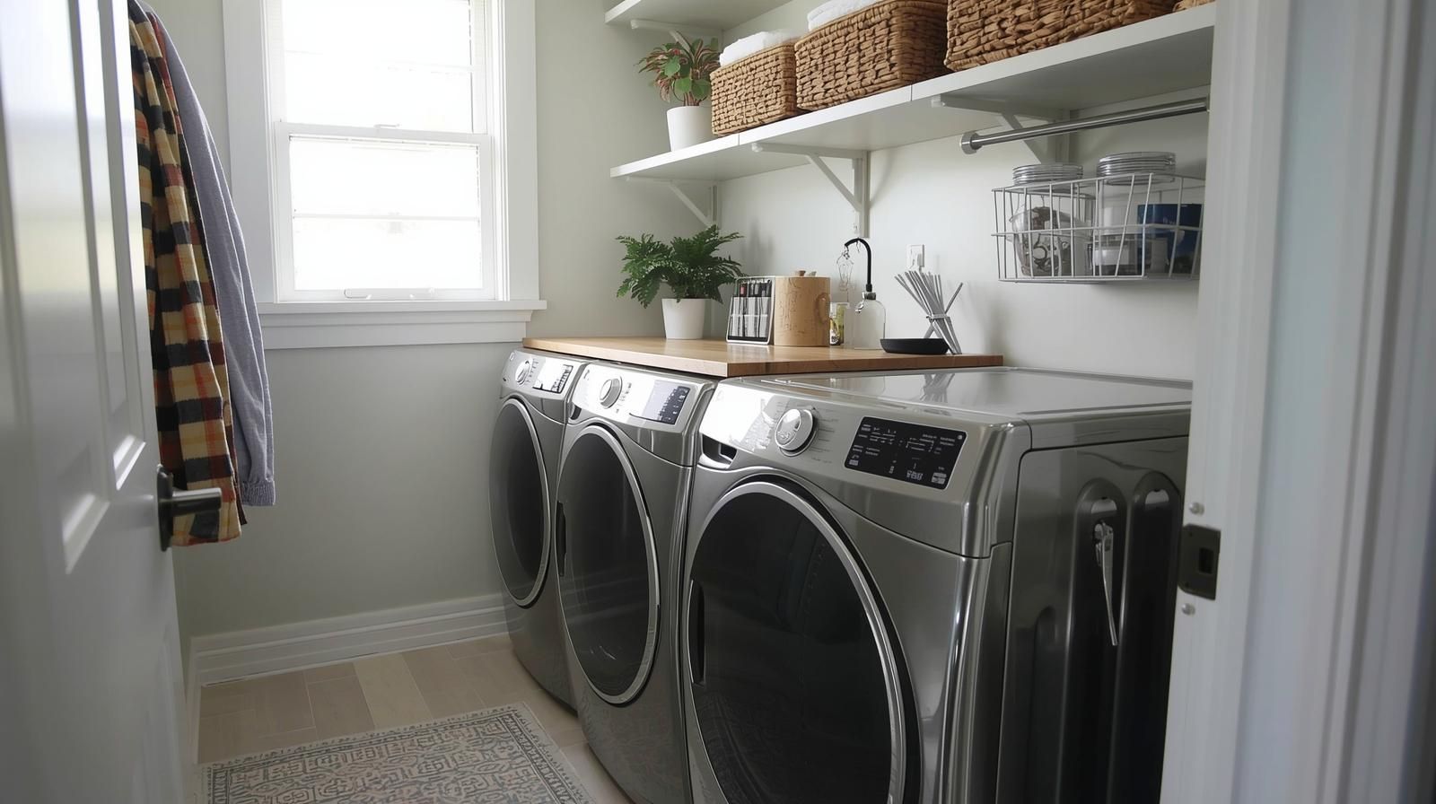 Laundry room with silver washing machine and dryer, wooden countertop, shelving with baskets and plants.