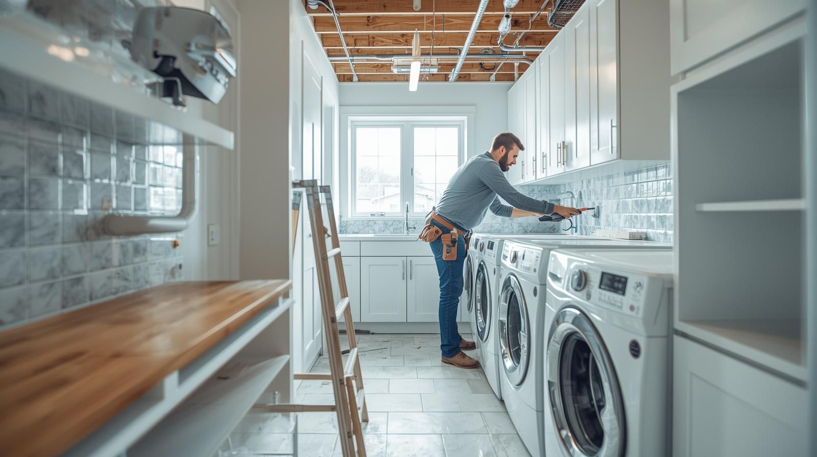Man installing backsplash tile in a laundry room with white cabinets and washing machines.