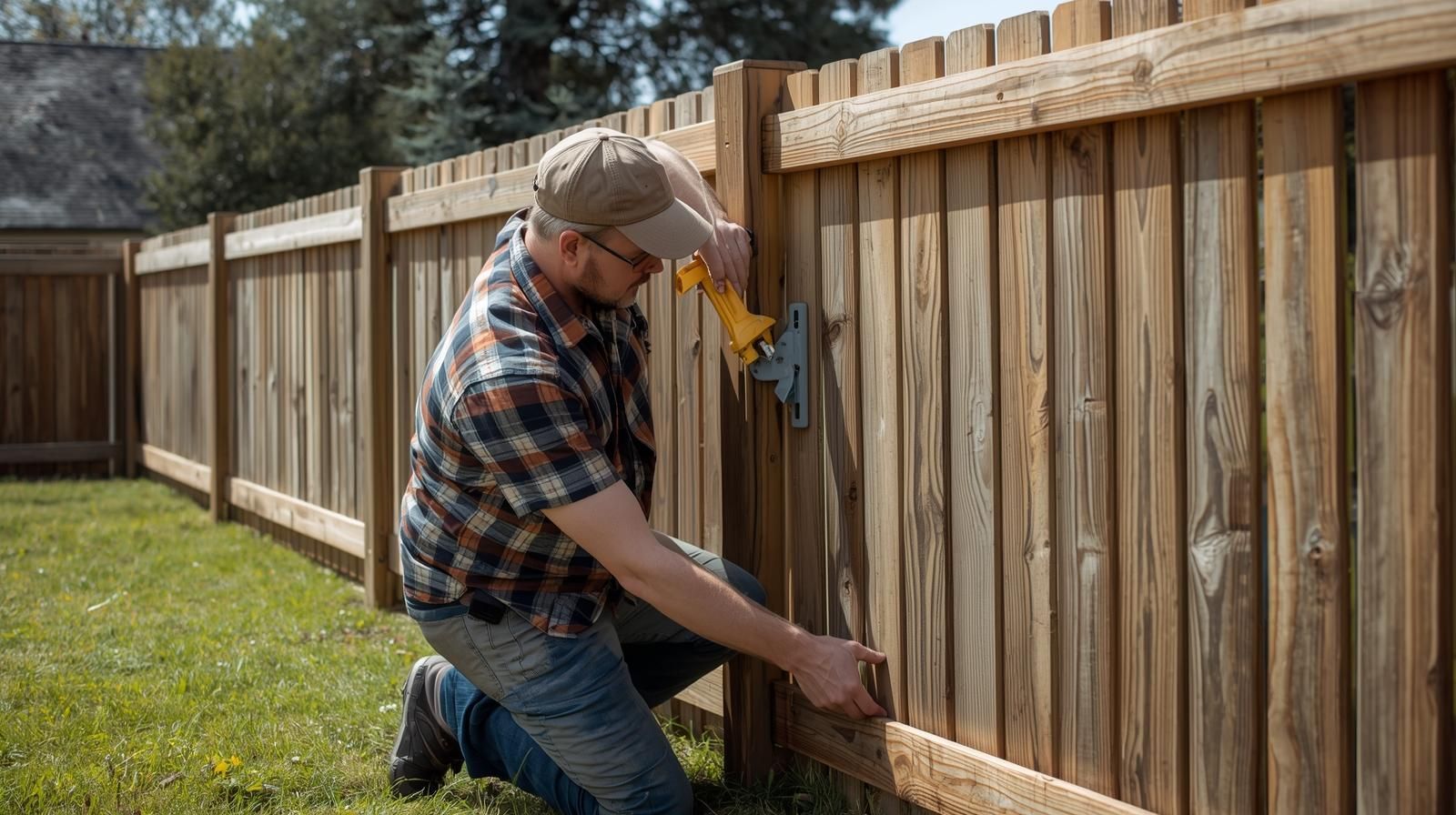 Man kneeling to repair wooden fence with a power tool in backyard.