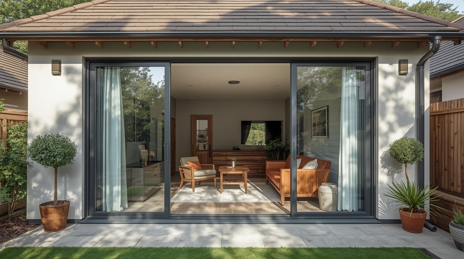 Modern, light-filled extension with large sliding glass doors open to a living room, potted plants outside.