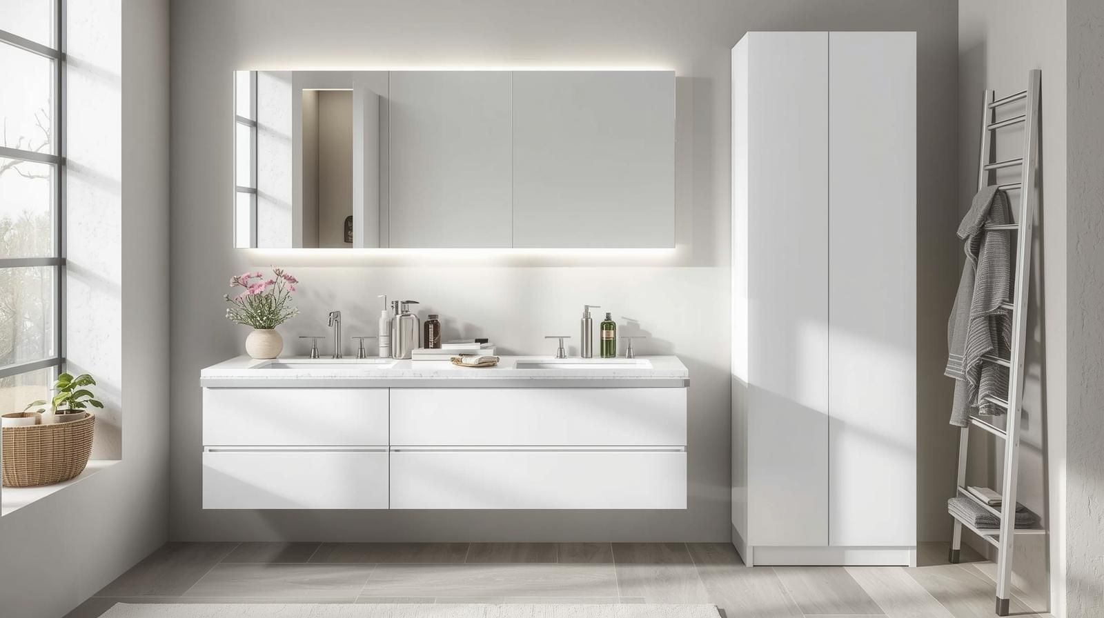 White modern bathroom with double-sink vanity, tall cabinet, lighted mirror, and ladder rack.