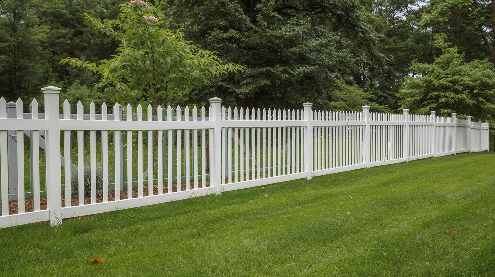 White picket fence in front of green lawn with trees in the background.