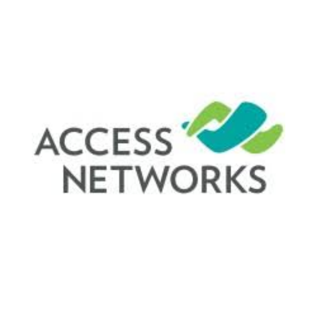 A logo for access networks with a blue and green symbol.