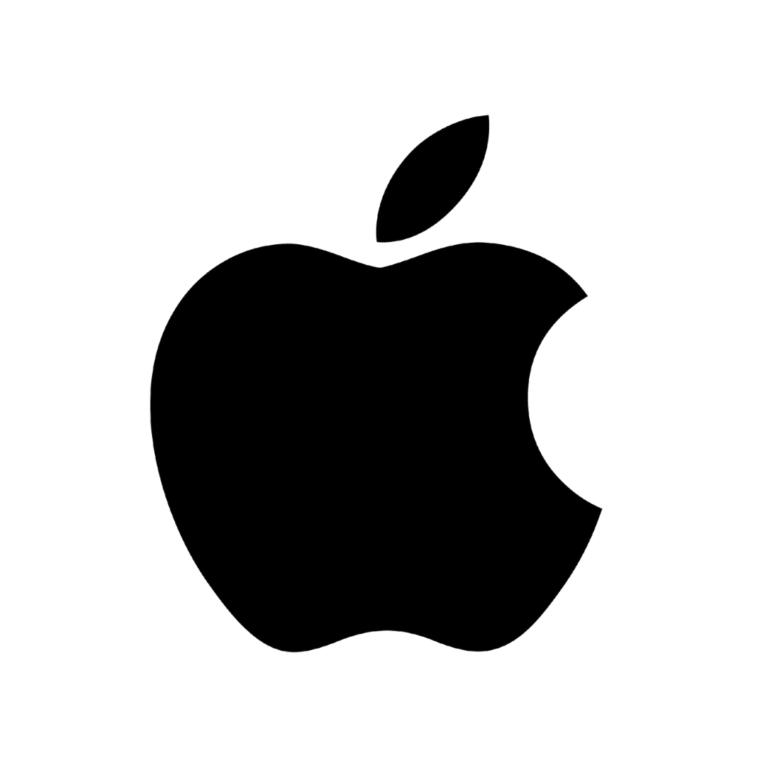 A black apple logo on a white background.