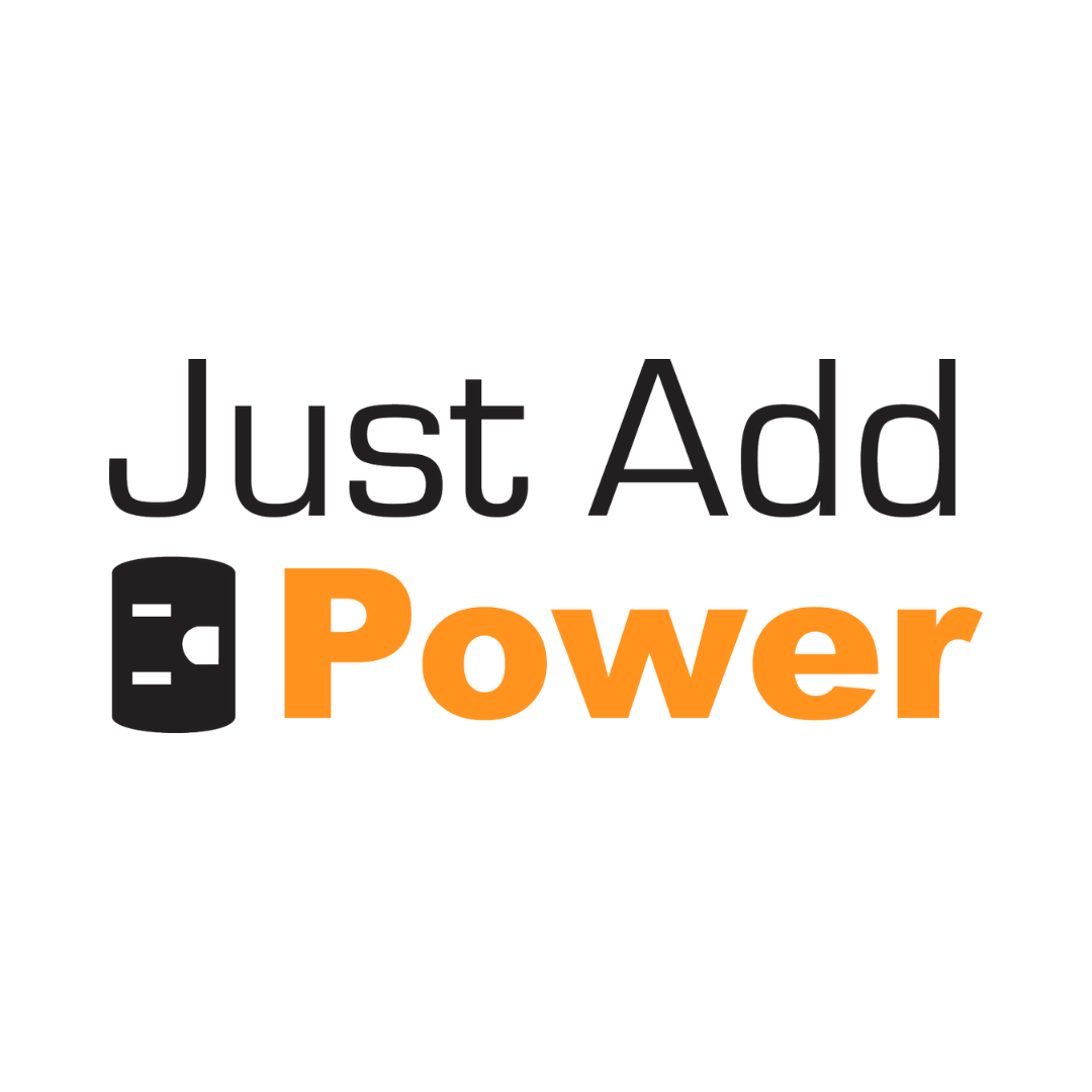 The logo for just add power is black and orange.