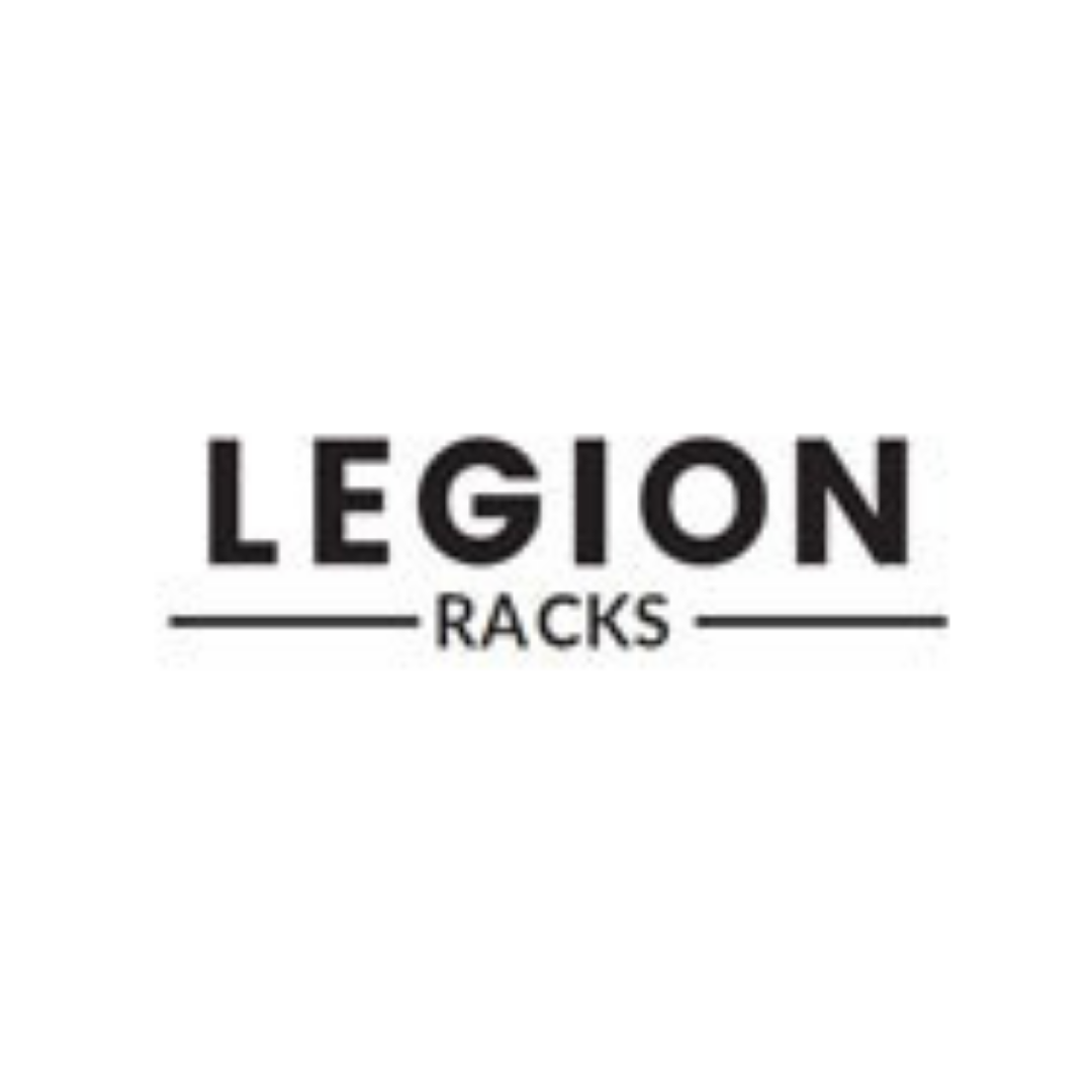 The logo for legion racks is black and white on a white background.