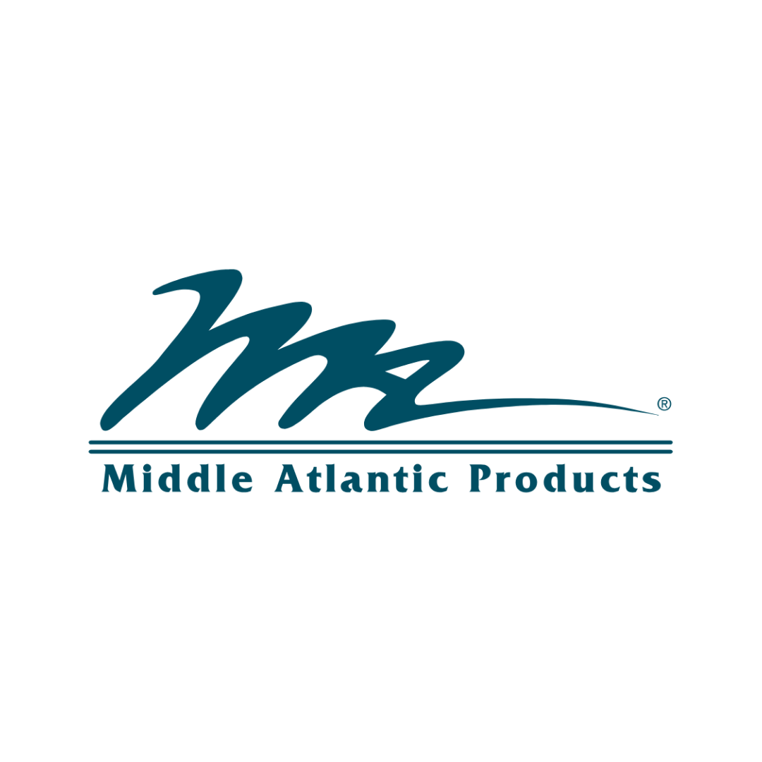 A blue logo for middle atlantic products on a white background
