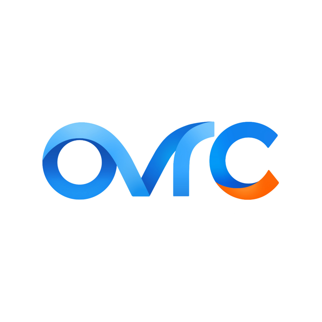 A blue and orange logo for ovc on a white background