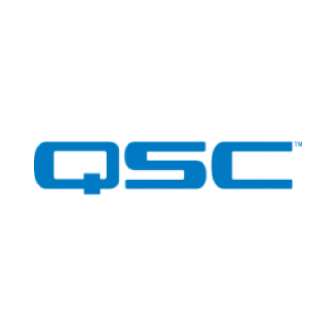 A blue qsc logo on a white background