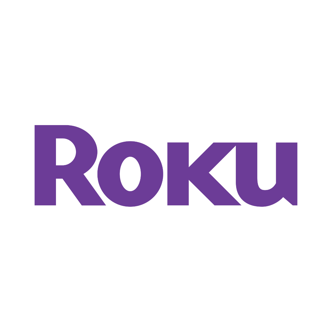 The roku logo is purple and white on a white background.
