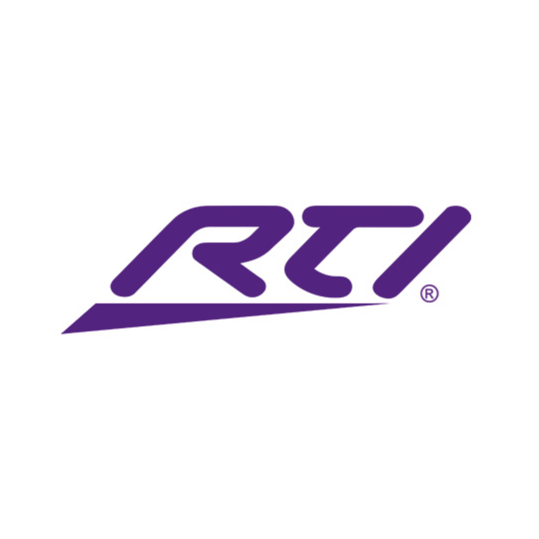 A purple rti logo on a white background