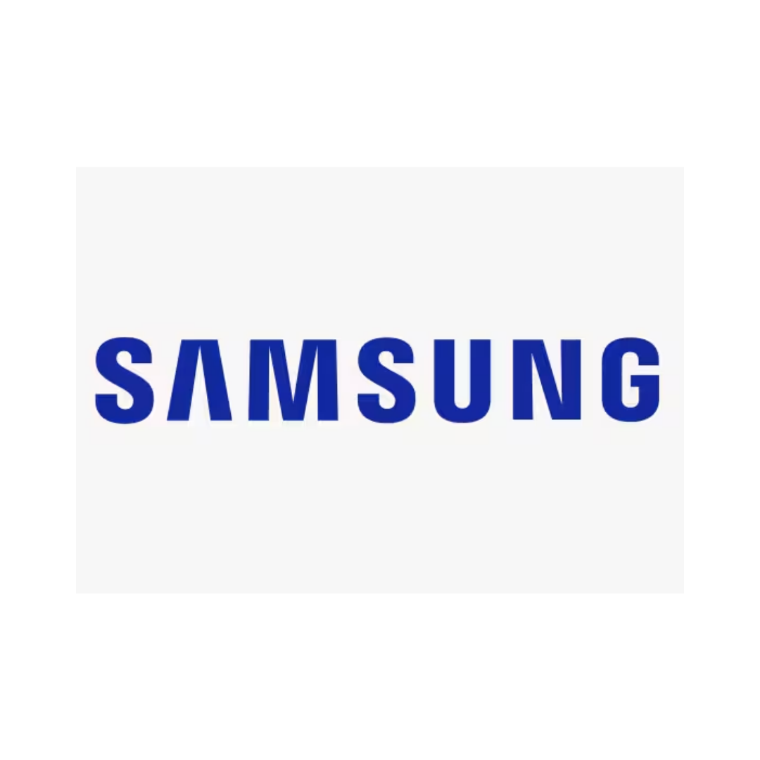 The samsung logo is blue and white on a white background.