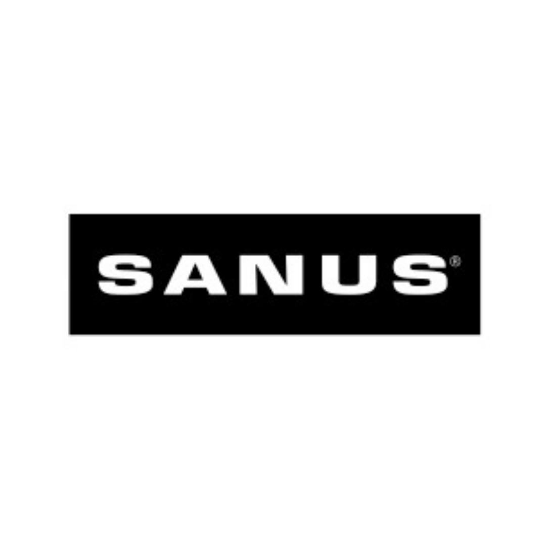 A black and white logo for sanus on a white background.