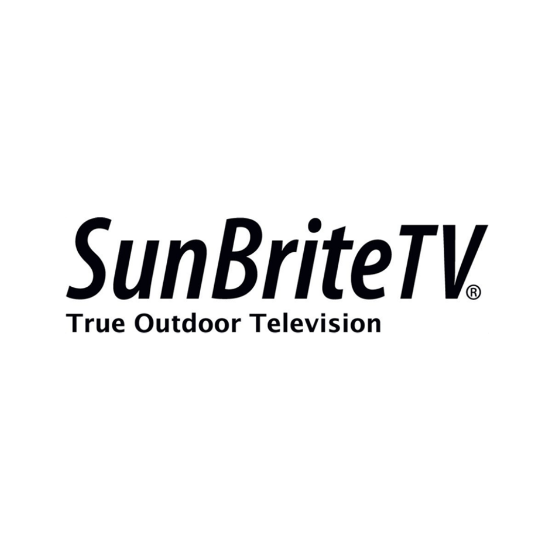 The sunbrite tv logo is black and white and says true outdoor television.