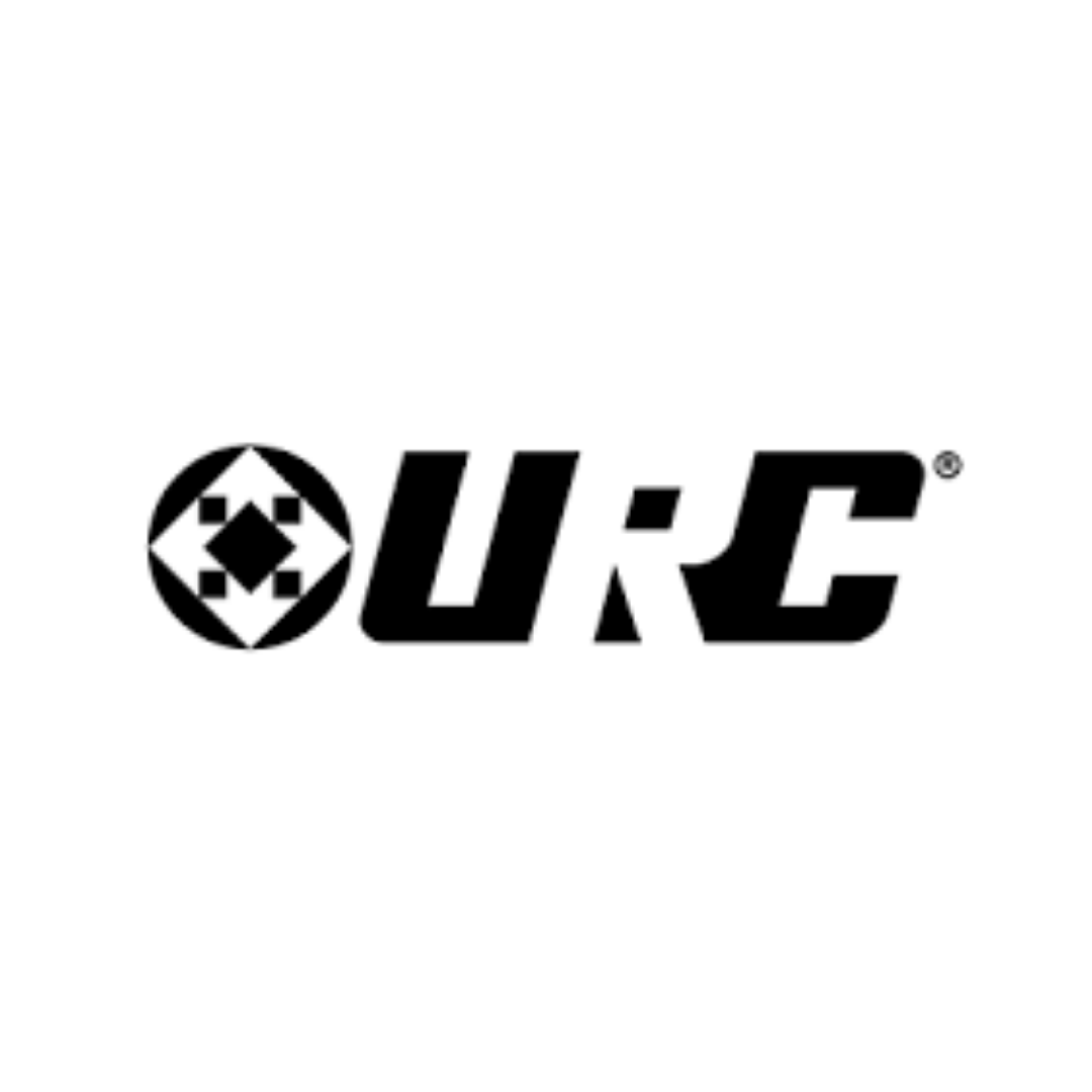 A black and white logo for urc on a white background.