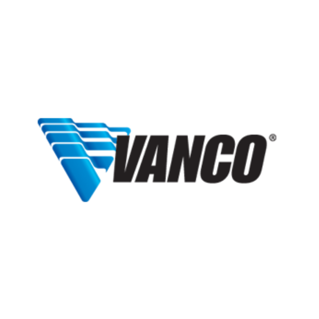 A blue and black vanco logo on a white background
