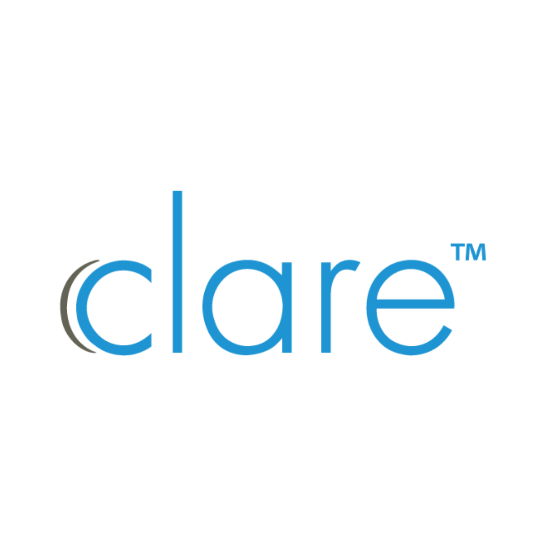 A blue and white logo for clare tm