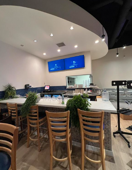 A restaurant with tables and chairs and a counter