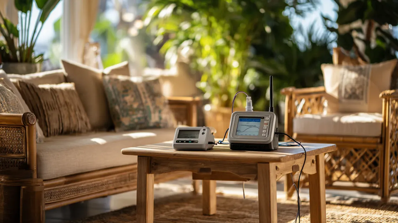 Two electronic devices on a wooden table in a sunlit living room with plants and rattan furniture.