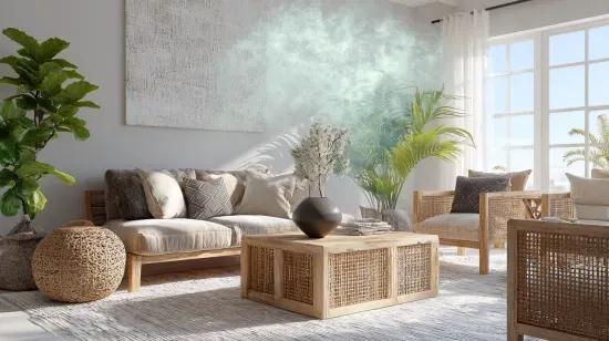 Living room with neutral tones, natural light, and rattan furniture.