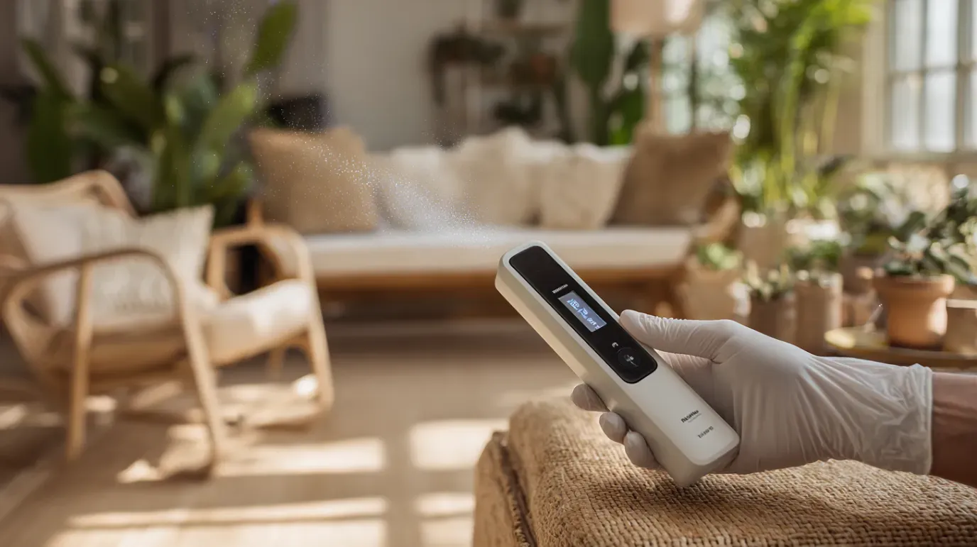 Hand in glove holding a white device with a screen, in a bright living room with plants and a couch.
