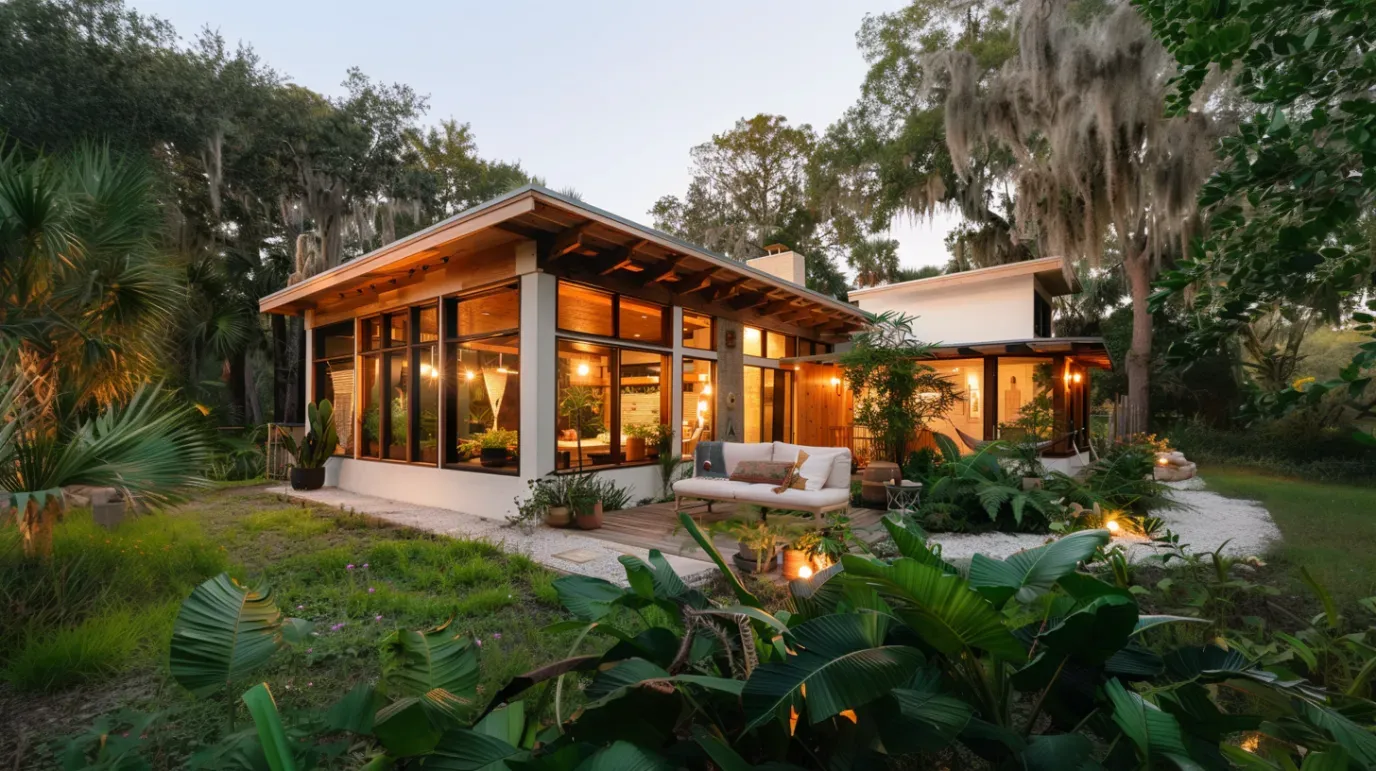 Modern home with large windows, wooden roof, surrounded by lush green plants and trees.