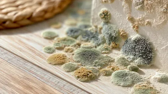 Close-up of moldy white food with green and yellow patches on a wooden surface.