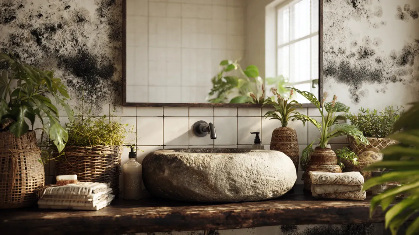 Rustic bathroom with stone sink, plants, and mirror.