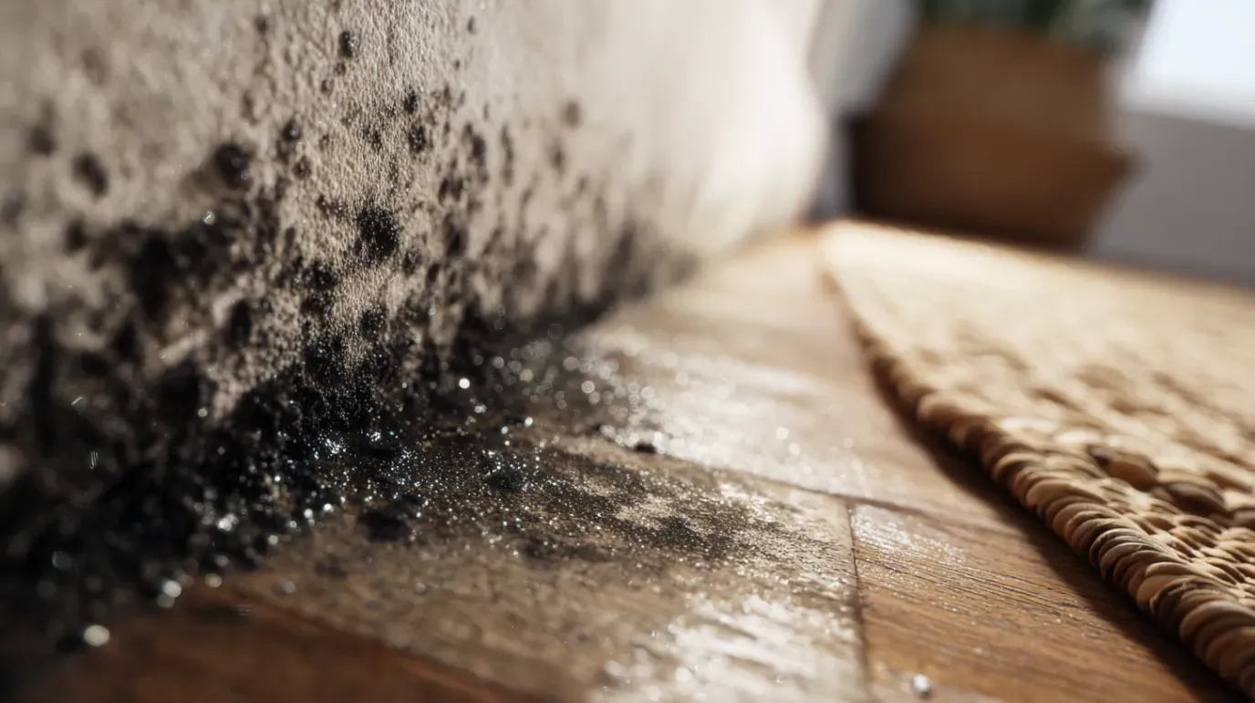 Mold growth on a wall and floor in a damp interior space. Dark mold contrasts with the beige wall and wood floor.