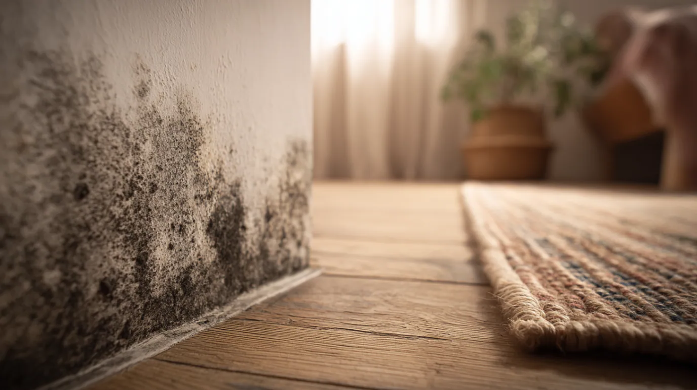 Mold growth on interior wall near wooden floor and rug.