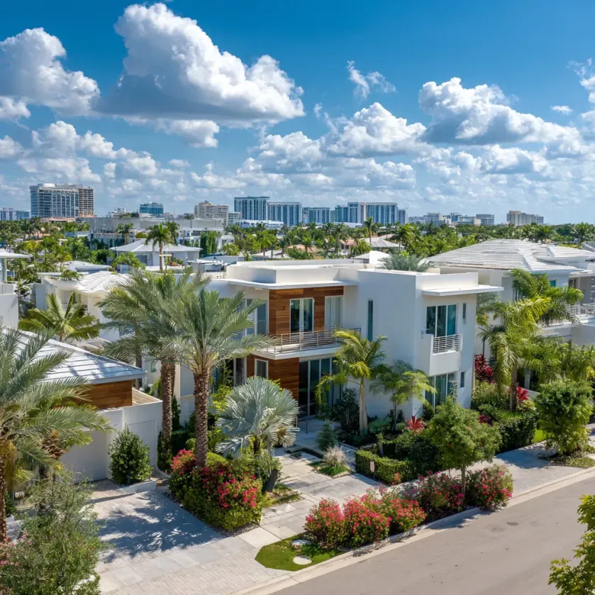 Modern white house with tropical landscaping, blue sky, and city skyline in the background.