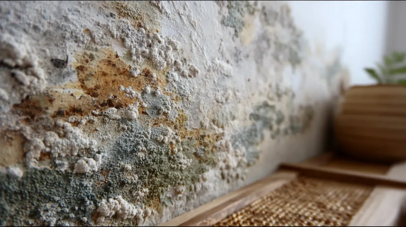 Mold growth on a white wall, with brown, green, and grey patches. A bamboo shelf is in the foreground.