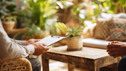 Person holding clipboard, talking to another person seated across a wooden table with a potted plant; bright, natural light.