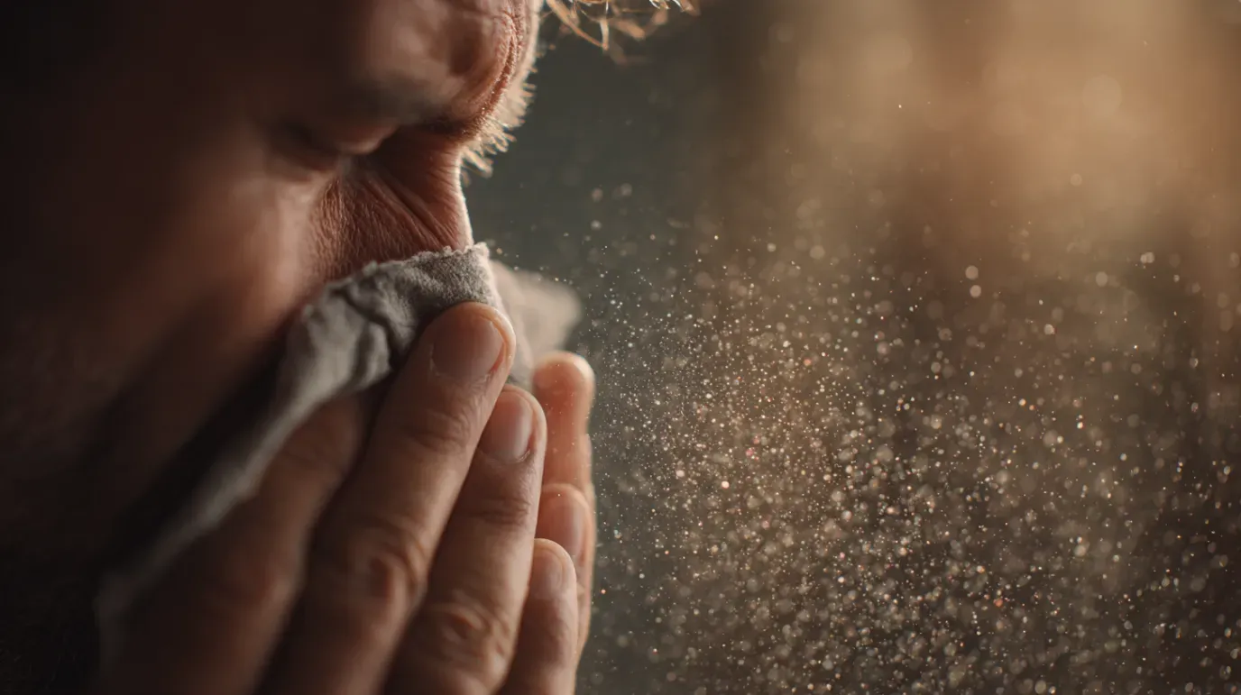 Man sneezing into a cloth, dust particles visible in the air.