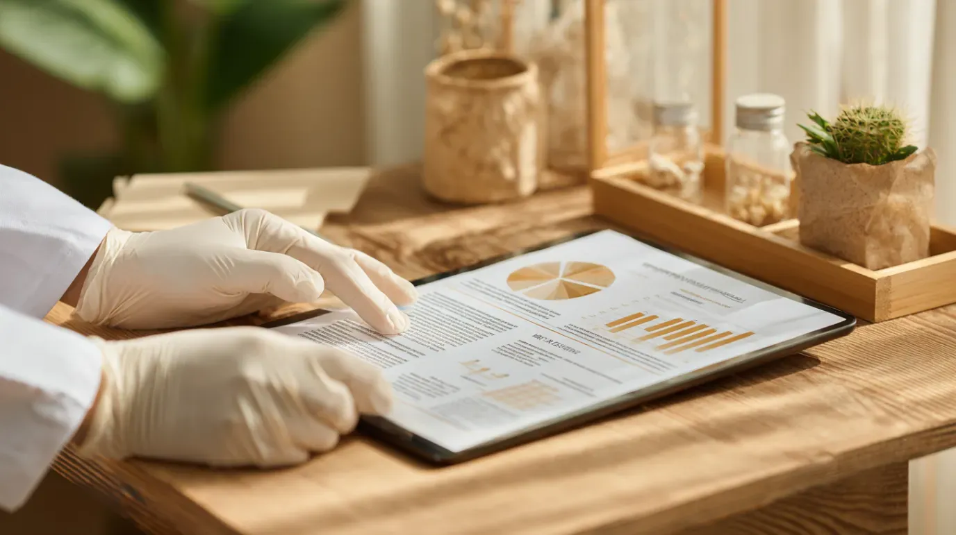 Hands in gloves examine a document with graphs on a wooden table with plants and bottles in the background.
