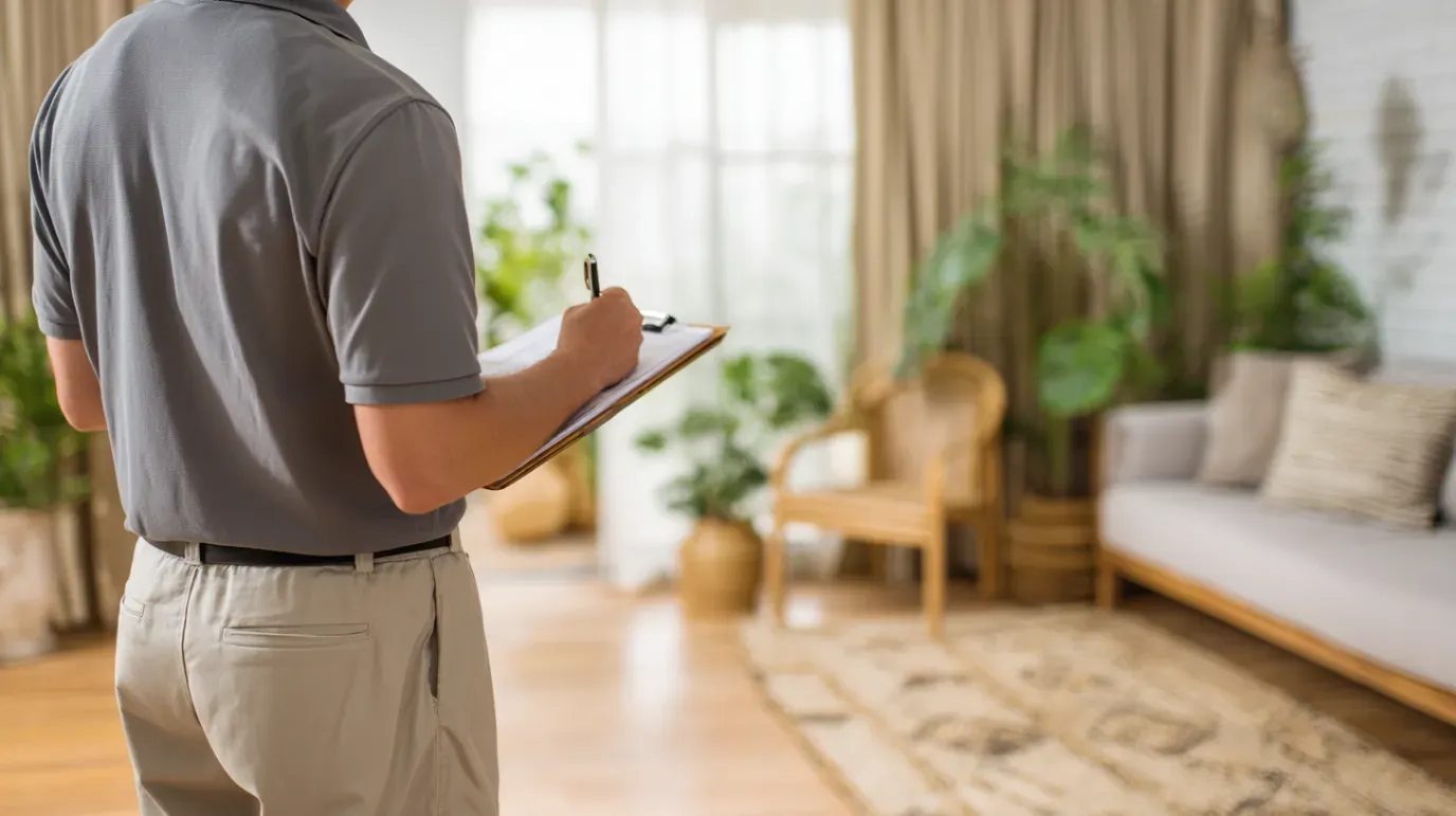 Person in gray shirt and tan pants, indoors, taking notes on a clipboard.