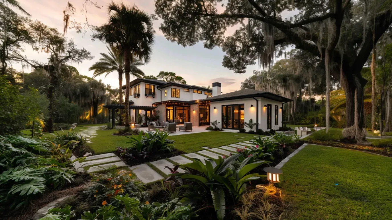 Luxurious white house with manicured lawn, stone pathway, and lush landscaping at dusk.